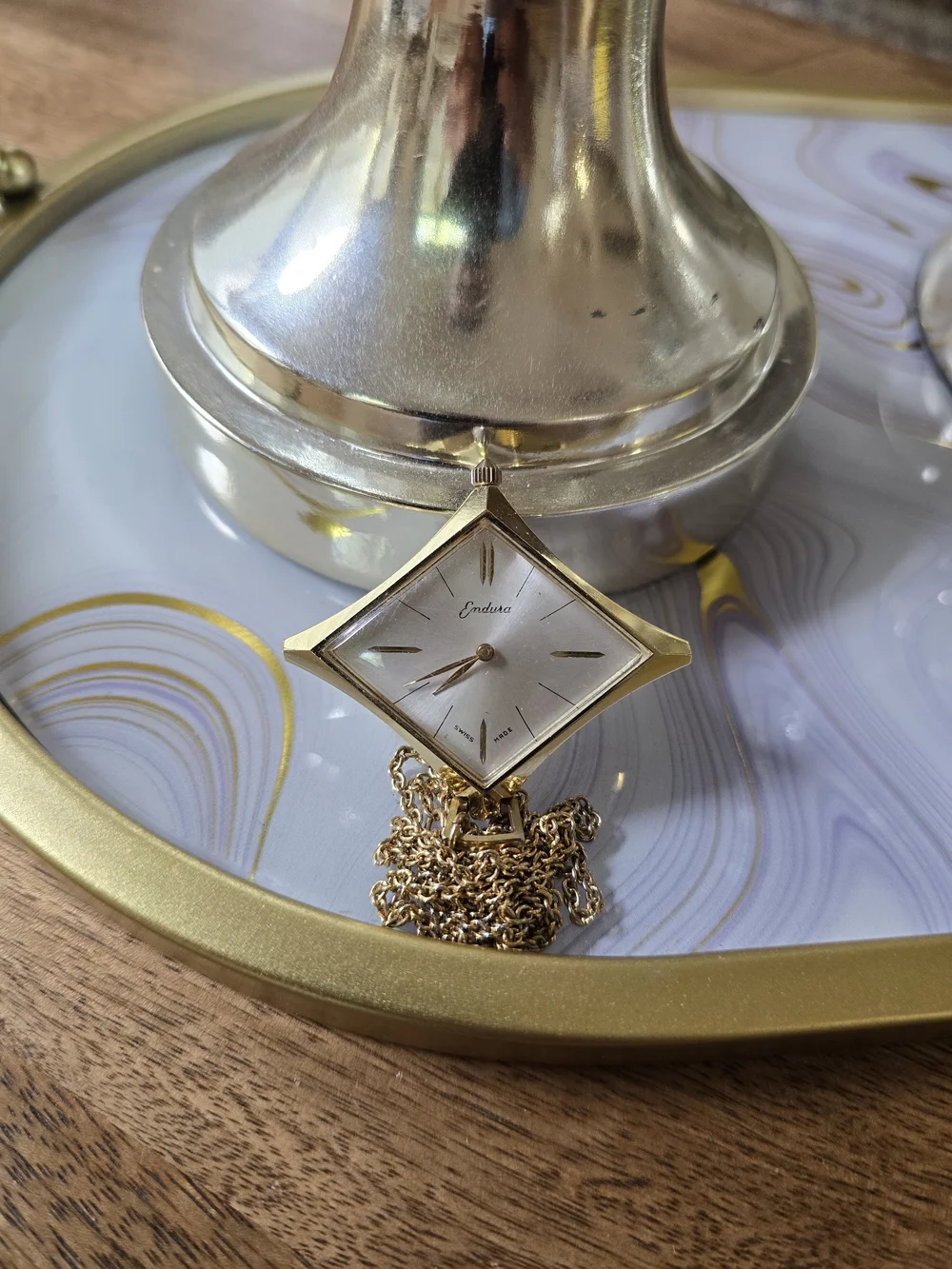 Gold-Tone Square Pendant Watch Necklace Automatic